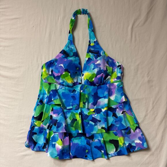Caribbean Joe Swim Top Tankini Womens 16 Ruffle Blue Green Floral - Main Image